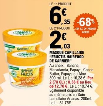 Promoties Masque capillaire fructis hairfood de garnier - Garnier - Geldig van 07/05/2024 tot 18/05/2024 bij E.Leclerc
