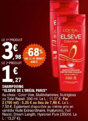 Promoties Shampooing elseve de l`oréal paris - L'Oreal Paris - Geldig van 07/05/2024 tot 18/05/2024 bij E.Leclerc