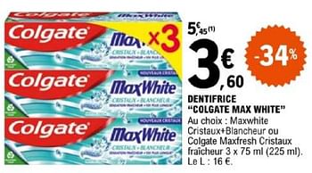 Promotions Dentifrice colgate max white - Colgate - Valide de 07/05/2024 à 18/05/2024 chez E.Leclerc