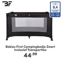 Promoties Bebies first campingbedje zwart inclusief transporttas - bebiesfirst - Geldig van 07/05/2024 tot 18/05/2024 bij Baby & Tiener Megastore