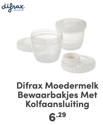 Promoties Difrax moedermelk bewaarbakjes met kolfaansluiting - Difrax - Geldig van 07/05/2024 tot 18/05/2024 bij Baby & Tiener Megastore