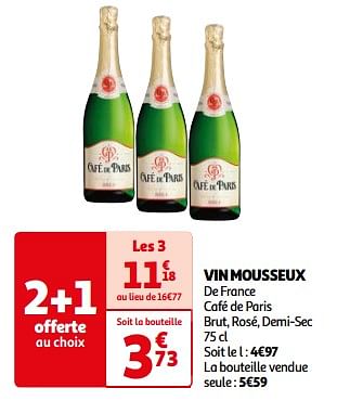 Promoties Vin mousseux de france café de paris brut, rosé, demi-sec - Schuimwijnen - Geldig van 07/05/2024 tot 19/05/2024 bij Auchan