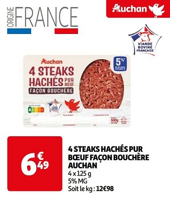 Promoties 4 steaks hachés pur boeuf façon bouchère auchan - Huismerk - Auchan - Geldig van 07/05/2024 tot 19/05/2024 bij Auchan