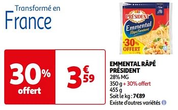 Promotions Emmental râpé président - Président - Valide de 07/05/2024 à 19/05/2024 chez Auchan Ronq