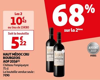 Promoties Haut médoc cru bourgeois aop 2016 château fonpiqueyre - Rode wijnen - Geldig van 07/05/2024 tot 19/05/2024 bij Auchan