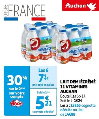 Promoties Lait demi écrémé 11 vitamines auchan - Huismerk - Auchan - Geldig van 07/05/2024 tot 19/05/2024 bij Auchan