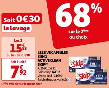 Promoties Lessive capsules 3 en 1 active clean skip - Skip - Geldig van 07/05/2024 tot 19/05/2024 bij Auchan