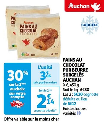 Promoties Pains au chocolat pur beurre surgelés auchan - Huismerk - Auchan - Geldig van 07/05/2024 tot 19/05/2024 bij Auchan
