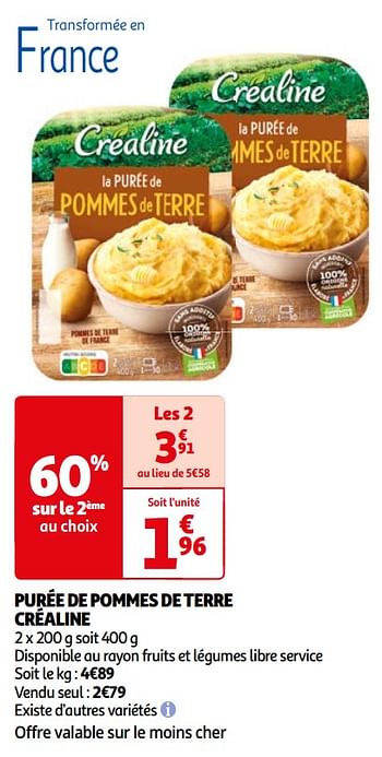 Promotions Purée de pommes de terre créaline - CREALINE - Valide de 07/05/2024 à 19/05/2024 chez Auchan Ronq