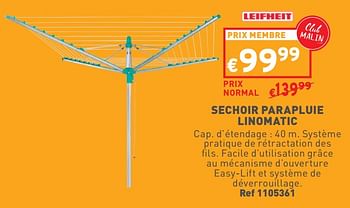 Promotions Sechoir parapluie linomatic - Leifheit - Valide de 08/05/2024 à 11/05/2024 chez Trafic