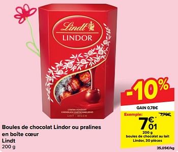 Promoties Boules de chocolat au lait lindor - Lindt - Geldig van 08/05/2024 tot 14/05/2024 bij Carrefour