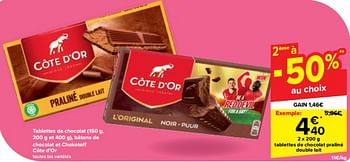 Promotions Tablettes de chocolat praliné double lait - Cote D'Or - Valide de 08/05/2024 à 14/05/2024 chez Carrefour