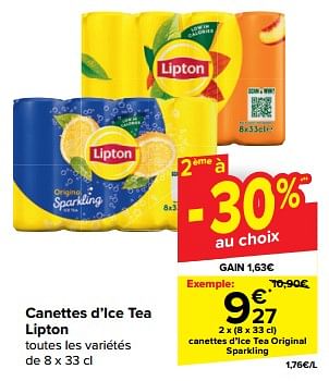 Promoties Canettes d’ice tea original sparkling - Lipton - Geldig van 08/05/2024 tot 14/05/2024 bij Carrefour