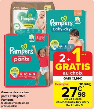 Promoties Couches baby-dry carry pack taille 5 - Pampers - Geldig van 08/05/2024 tot 14/05/2024 bij Carrefour