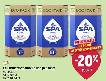 Promotions Eau minérale naturelle non pétillante spa reine - Spa - Valide de 08/05/2024 à 15/05/2024 chez Delhaize
