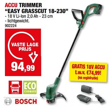 Promoties Bosch accu trimmer easy grasscut 18-230 - Bosch - Geldig van 08/05/2024 tot 19/05/2024 bij Hubo
