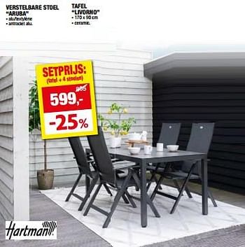 Promotions Tafel + 4 stoelen - Hartman - Valide de 08/05/2024 à 19/05/2024 chez Hubo