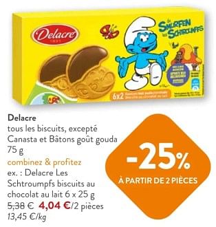Promoties Delacre les schtroumpfs biscuits au chocolat au lait - Delacre - Geldig van 08/05/2024 tot 21/05/2024 bij OKay