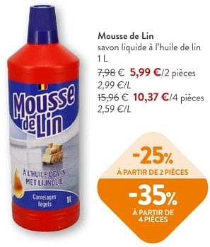 Promoties Mousse de lin savon liquide a l’huile de lin - Mousse de Lin - Geldig van 08/05/2024 tot 21/05/2024 bij OKay