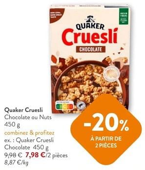 Promotions Quaker cruesli chocolate - Quaker - Valide de 08/05/2024 à 21/05/2024 chez OKay