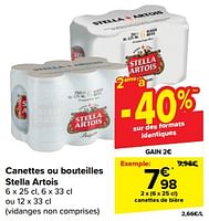 Promotions Canettes ou bouteilles stella artois - Stella Artois - Valide de 08/05/2024 à 21/05/2024 chez Carrefour