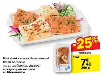 Promoties Mini steaks épicés de saumon et flétan barbecue - Huismerk - Carrefour  - Geldig van 08/05/2024 tot 21/05/2024 bij Carrefour