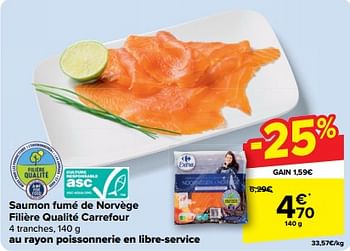 Promotions Saumon fumé de norvège filière qualité carrefour - Produit maison - Carrefour  - Valide de 08/05/2024 à 21/05/2024 chez Carrefour