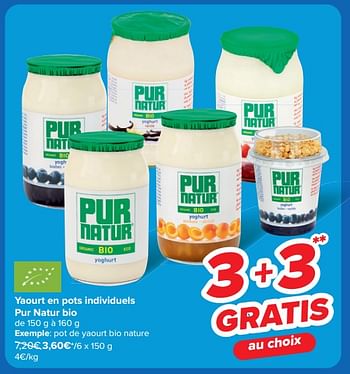 Promoties Pot de yaourt bio nature - Pur Natur - Geldig van 08/05/2024 tot 21/05/2024 bij Carrefour