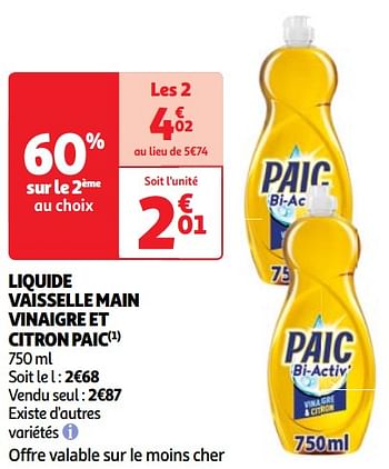 Promotions Liquide vaisselle main vinaigre et citron paic - Paic - Valide de 07/05/2024 à 13/05/2024 chez Auchan Ronq