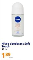 Promoties Nivea deodorant soft touch - Nivea - Geldig van 08/05/2024 tot 14/05/2024 bij Action