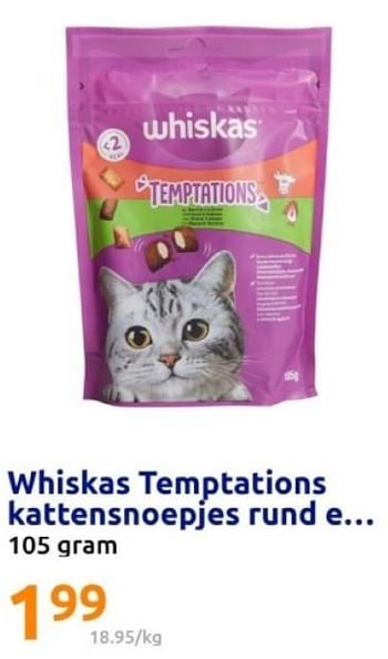 Promotions Whiskas temptations kattensnoepjes rund - Whiskas - Valide de 08/05/2024 à 14/05/2024 chez Action