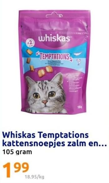 Promotions Whiskas temptations kattensnoepjes zalm - Whiskas - Valide de 08/05/2024 à 14/05/2024 chez Action