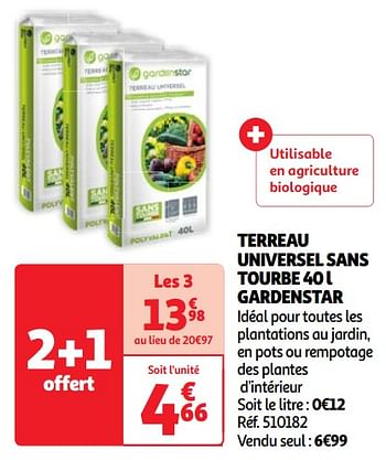 Promoties Terreau universel sans tourbe 40 l gardenstar - GardenStar - Geldig van 07/05/2024 tot 13/05/2024 bij Auchan