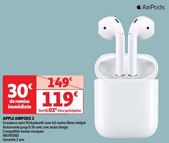 Promotions Apple airpods 2 - Apple - Valide de 07/05/2024 à 13/05/2024 chez Auchan Ronq