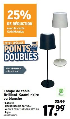 Promotions Lampe de table brilliant kaami noire ou blanche - Brilliant - Valide de 08/05/2024 à 14/05/2024 chez Gamma