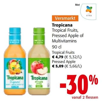 Promotions Tropicana tropical fruits, pressed apple of multivitamins - Tropicana - Valide de 08/05/2024 à 21/05/2024 chez Colruyt