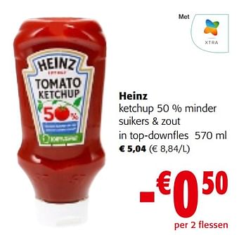 Promoties Heinz ketchup 50 % minder suikers + zout in top-downfles - Heinz - Geldig van 08/05/2024 tot 21/05/2024 bij Colruyt