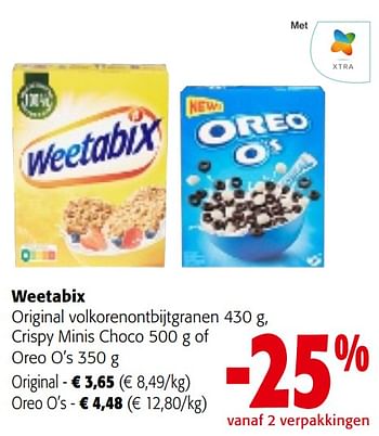 Promotions Weetabix original volkorenontbijtgranen , crispy minis choco of oreo o’s - Weetabix - Valide de 08/05/2024 à 21/05/2024 chez Colruyt