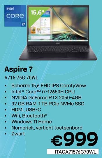 Promoties Acer Aspire 7 A715-76G-70WL - Acer - Geldig van 01/05/2024 tot 31/05/2024 bij Compudeals