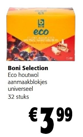 Promoties Boni selection eco houtwol aanmaakblokjes universeel - Boni - Geldig van 08/05/2024 tot 21/05/2024 bij Colruyt