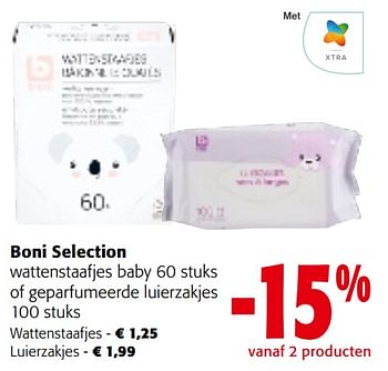 Promotions Boni selection wattenstaafjes baby of geparfumeerde luierzakjes - Boni - Valide de 08/05/2024 à 21/05/2024 chez Colruyt