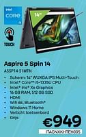 Promoties Acer Aspire 5 Spin 14 A5SP14-51MTN - Acer - Geldig van 01/05/2024 tot 31/05/2024 bij Compudeals