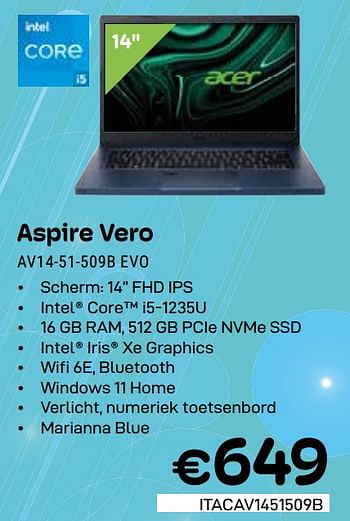 Promoties Acer Aspire Vero AV14-51-509B EVO - Acer - Geldig van 01/05/2024 tot 31/05/2024 bij Compudeals