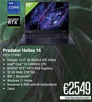 Promoties Acer Predator Helios 16 PH16-72-998Z - Acer - Geldig van 01/05/2024 tot 31/05/2024 bij Compudeals