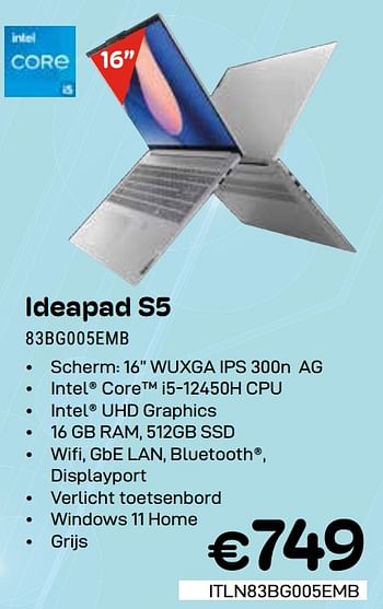 Promoties Lenovo ideapad s5 83bg005emb - Lenovo - Geldig van 01/05/2024 tot 31/05/2024 bij Compudeals