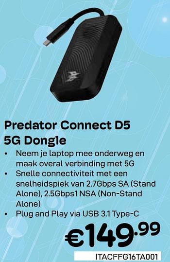 Promoties Predator connect d5 5g dongle - Acer - Geldig van 01/05/2024 tot 31/05/2024 bij Compudeals