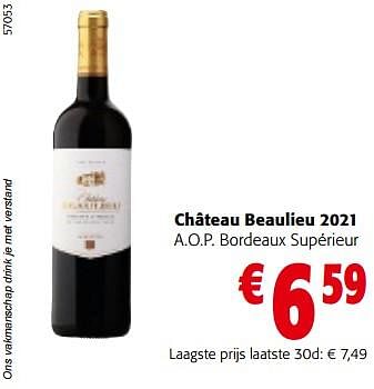 Promoties Château beaulieu 2021 a.o.p. bordeaux supérieur - Rode wijnen - Geldig van 08/05/2024 tot 21/05/2024 bij Colruyt