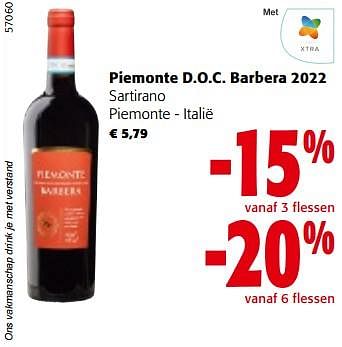 Promotions Piemonte d.o.c. barbera 2022 sartirano piemonte - Vins rouges - Valide de 08/05/2024 à 21/05/2024 chez Colruyt