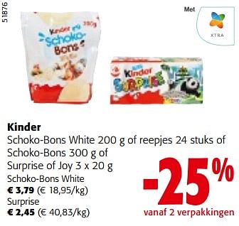 Promotions Kinder schoko-bons white of reepjes of schoko-bons of surprise of joy - Kinder - Valide de 08/05/2024 à 21/05/2024 chez Colruyt