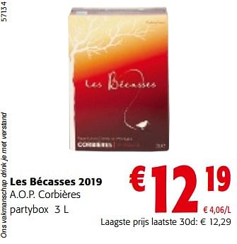 Promoties Les bécasses 2019 a.o.p. corbières - Rode wijnen - Geldig van 08/05/2024 tot 21/05/2024 bij Colruyt